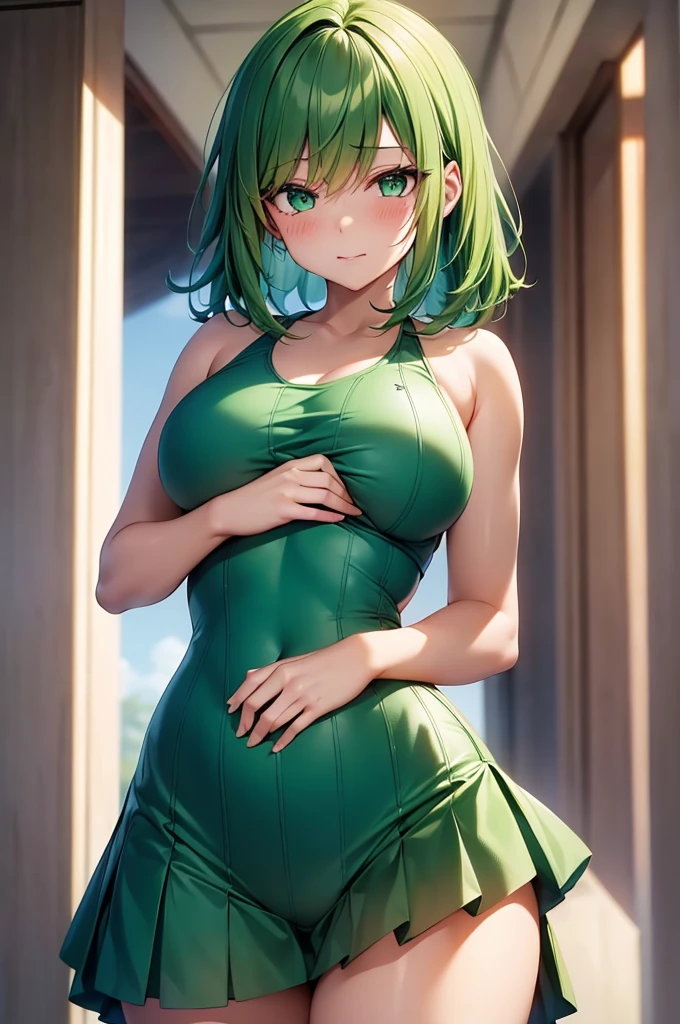1girl, deku, izuku midoriya, genderswap deku, izuku midoriya as a girl, deku as a girl, deku as a woman, izuku midoriya as a woman, genderswap, female/woman/girl, female izuku midoriya (anime: my hero academia), green hair, short green hair, beautiful hair, green eyes, perfect eyes, beautiful green eyes, detailed eyes, perfect figure, great curves, great female body, hot body, nice female curves, medium sized , size 34 breast, medium sized chest, female body, beautiful woman, wearing swimsuit, one piece swim suit, female one piece swimsuit, professional swimsuit, 8k image, perfect image, detailed, highly detailed, great image, best quality