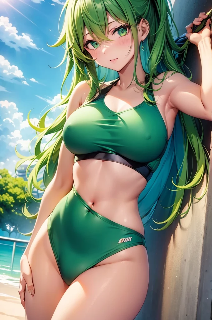 1girl, deku, izuku midoriya, genderswap deku, izuku midoriya as a girl, deku as a girl, deku as a woman, izuku midoriya as a woman, genderswap, female/woman/girl, female izuku midoriya (anime: my hero academia), green hair, short green hair, beautiful hair, green eyes, perfect eyes, beautiful green eyes, detailed eyes, perfect figure, great curves, great female body, hot body, nice female curves, medium sized , size 34 breast, medium sized chest, female body, beautiful woman, wearing swimsuit, one piece swim suit, female one piece swimsuit, professional swimsuit, 8k image, perfect image, detailed, highly detailed, great image, best quality