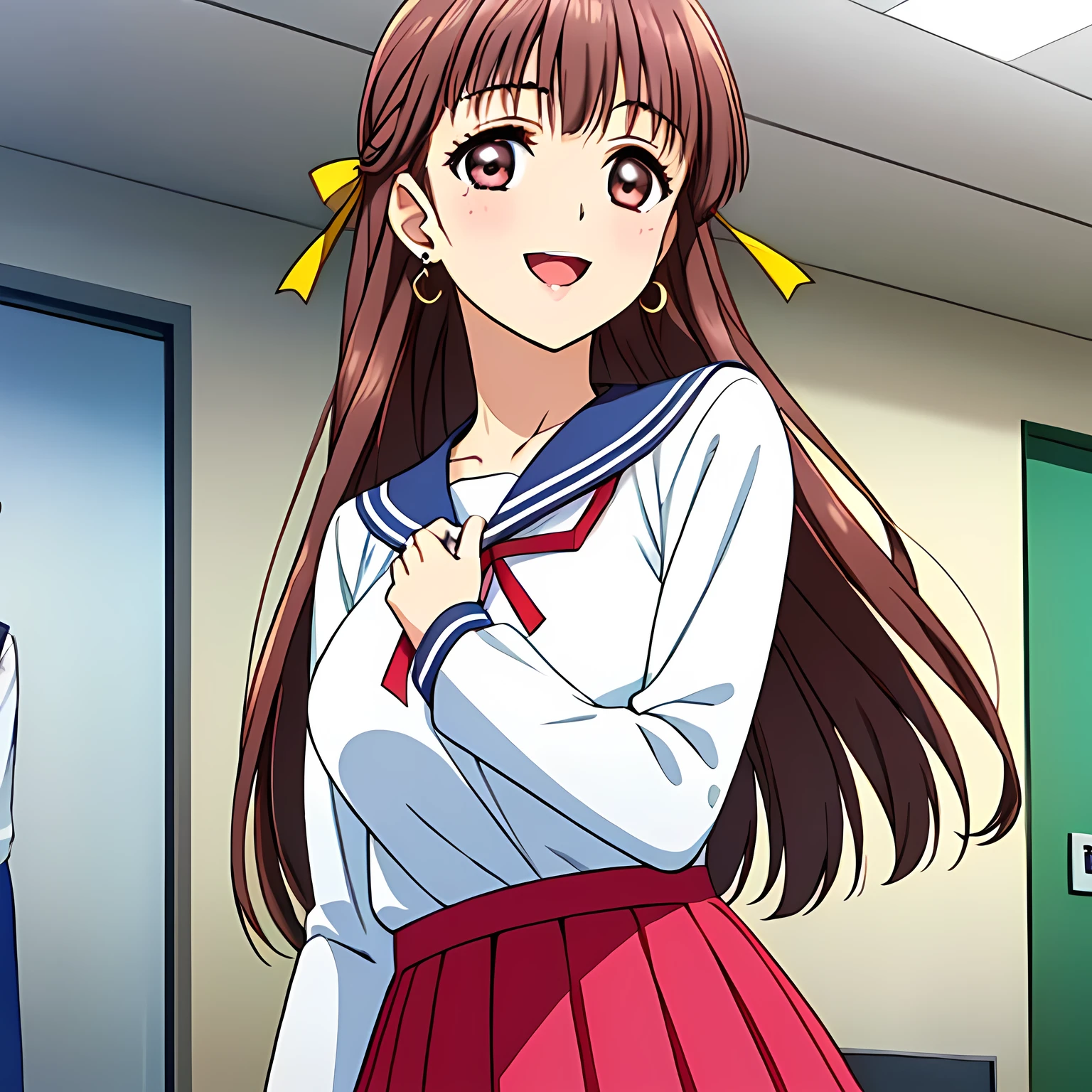 highest quality, (masterpiece:1.2), Very detailed, (((((Game CG))))), ((((A portrait of a very noble and elegant 20-year-old young lady wearing her school sailor uniform, seen from behind.)))), ((The girl everyone loves)), (((((Very beautiful, flaxen, wavy, long hair))))), (((((A neat and tidy sailor suit in peach and pink))))), ((((A neat, deep pink long pleated skirt)))), ((((She was smiling with her beautiful, shining eyes narrowed.)))), ((Very long eyelashes)), ((A huge red ribbon on her chest)), ((A refined and elegant look like a noble princess)), (((Beautiful and great smile))), ((Very good posture)), ((Give the viewer a heavenly feeling of happiness)), (((Blur the background))), ((Very noble and elegant face)), ((Slender and shapely breasts)), (((laughing at me with pity!))), In the background is the hallway of the Palace of Versailles, Heart-shaped gold hair ornament and earrings, ((The elegant, slightly open mouth and glossy lips of an anime heroine)), A strong wind is blowing