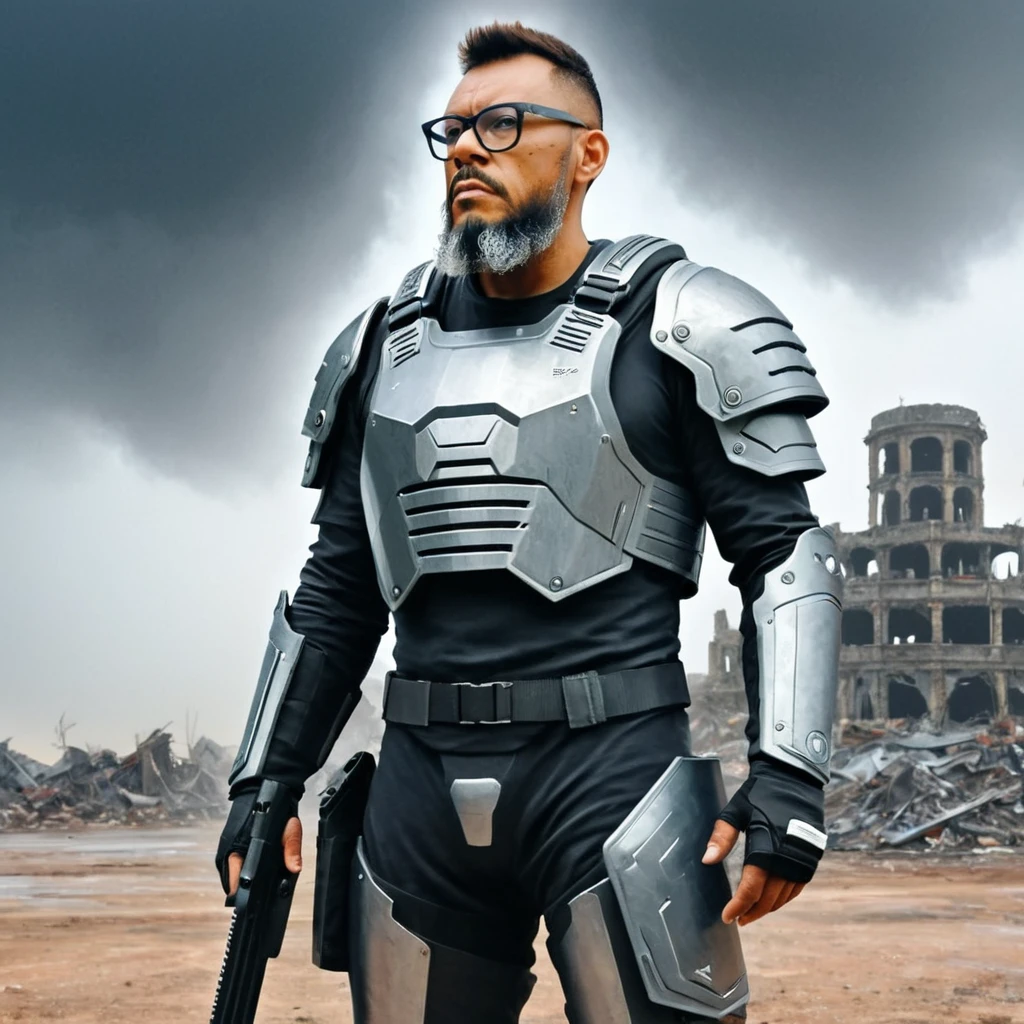 A gouache watercolor-style painting of a mid-body portrait of a man with glasses and a beard, featuring natural eyes. He is wearing a futuristic metal body armor and holding a futuristic weapon. He is standing face to face with his clone, who has the same features but without glasses. The setting is a post-apocalyptic landscape with ruins of buildings and abandoned cars. The sky is black with dark clouds and occasional lightning. A mist of dust fills the scene, creating a sense of desolation. The background is heavily blurred, with a somber and heavy lighting atmosphere. The painting captures the intricate details of both men's features and the futuristic armor in a soft watercolor style, blending colors smoothly and creating a textured, artistic effect.,gutto2024abr