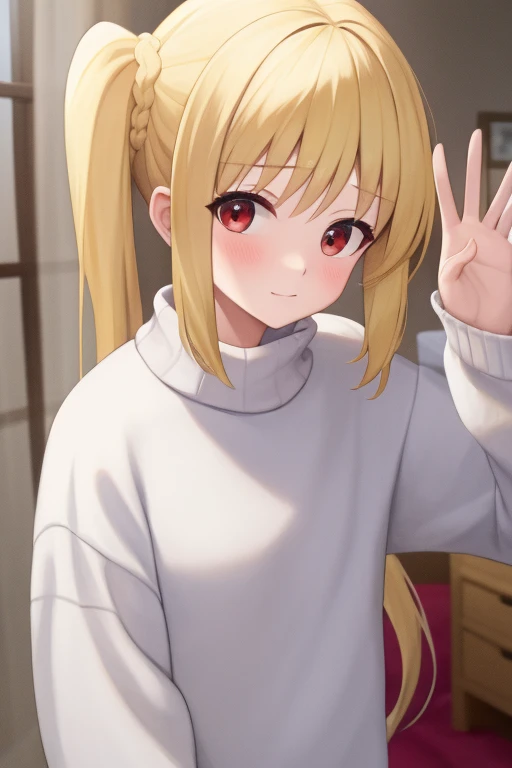 (masterpiece, highest quality:1.2), Blonde girl with red eyes,
Side Ponytail, Full Bang,sweater, waving gesture
,Embarrassed, Bedroom,
Super detaileded, highest quality, Expressive eyes, Perfect Face, super high quality, Super detailed