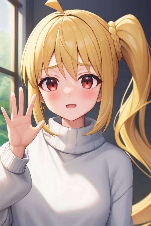 (masterpiece, highest quality:1.2), Blonde girl with red eyes,
 Side Ponytail, Full Bang,sweater,	waving gesture
,Embarrassed, Bedroom, 
Super detaileded, highest quality, Expressive eyes, Perfect Face, super high quality, Super detailed