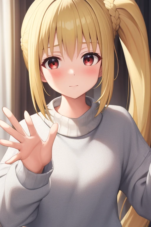 (masterpiece, highest quality:1.2), Blonde girl with red eyes,
 Side Ponytail, Full Bang,sweater,	waving gesture
,Embarrassed, Bedroom, 
Super detaileded, highest quality, Expressive eyes, Perfect Face, super high quality, Super detailed