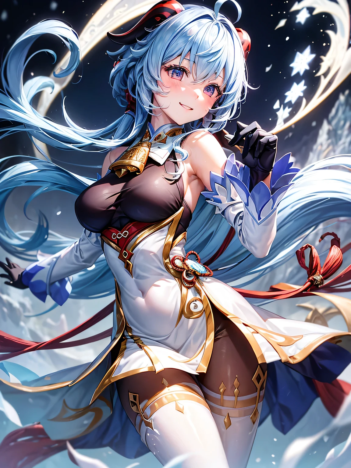 [ganyudef]:1.5,((masterpiece,highest quality,Detailed images,Beautiful images))1.4(1girl,solo)(Image of ganyu holding a bow、panty hose:1.2、smile、Snow Mountain、morning、Snowflakes drifting all around、Snowstorm、Blue glowing energy、Bright lighting overall、Backlight、A fantastic atmosphere、Thick Fog)1.1(Beautiful body lineedium beauty breasts、Beautiful side breasts)
