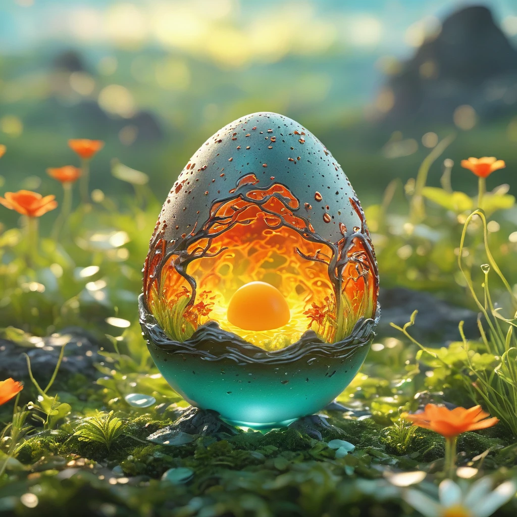 best quality, very good, 16K, ridiculous, Extremely detailed, Lovely(((egg:1.3)))，Made of translucent boiling lava, Background grassland（（A masterpiece full of fantasy elements）））， （（best quality））， （（Intricate details））（8k）