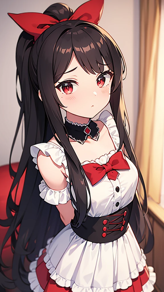 adulto, Cabello negro ondulado, mirada penetrante con ojos profundos de color rojo, estatura promedio, Silky hair with a ponytail hairstyle collected with a red bow with two white lines, tiene pechos grandes, primer plano, session, standing in the middle of his room [[[[Maid]]] , Sonrojada, muslos grandes, maid