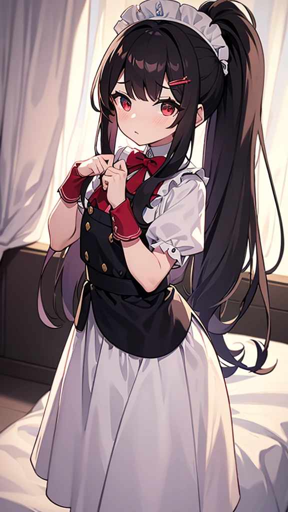 adulto, Cabello negro ondulado, mirada penetrante con ojos profundos de color rojo, estatura promedio, Silky hair with a ponytail hairstyle collected with a red bow with two white lines, tiene pechos grandes, primer plano, session, standing in the middle of his room [[[[Maid]]] , Sonrojada, muslos grandes, maid