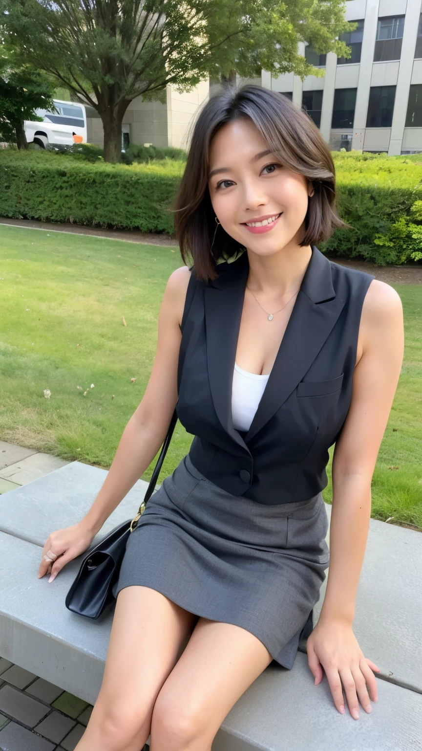 最high quality, In 8K, Masseter region, Vibrant, Sharp focus, high quality, High resolution, Detailed face, fine grain, Thick lips, (Looking at the audience), Alone, Beautiful woman, 38 years old, Japanese women, (Short black hair:1.4), Cleavage, Lunch break、Large city park、Green Grass、(Standing in the park:1.3)、(Full body photo:1)、(formal dress:1.5)、(Knee-length dresses:1.5)、(Black pumps:1.5)、(Red lipstick:1)、(smile:1.3)、(standard body type)、(C cup breasts)