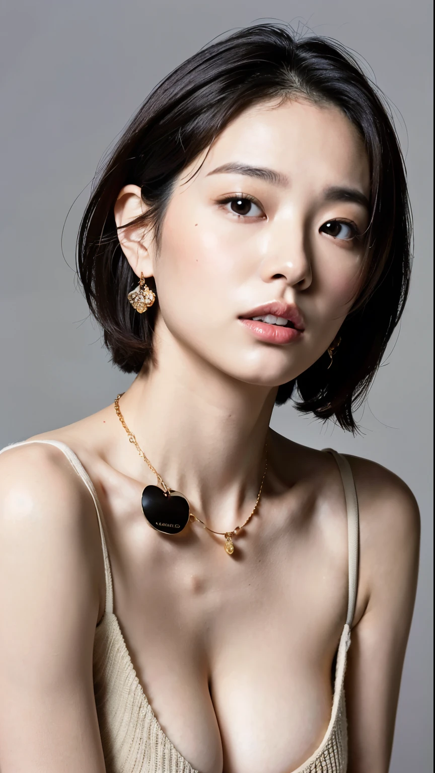 (highest quality, 8k, 32k, masterpiece, Ultra-high resolution:1.2),Beautiful Japanese Women Photos,Large Breasts、 Very short hair,Upper Body,Face Focus,Tight sweater, necklace,Earrings、 Simple Background, Looking at the camera,26 years old、No makeup、Cleavage、Half-open mouth、Teeth are visible