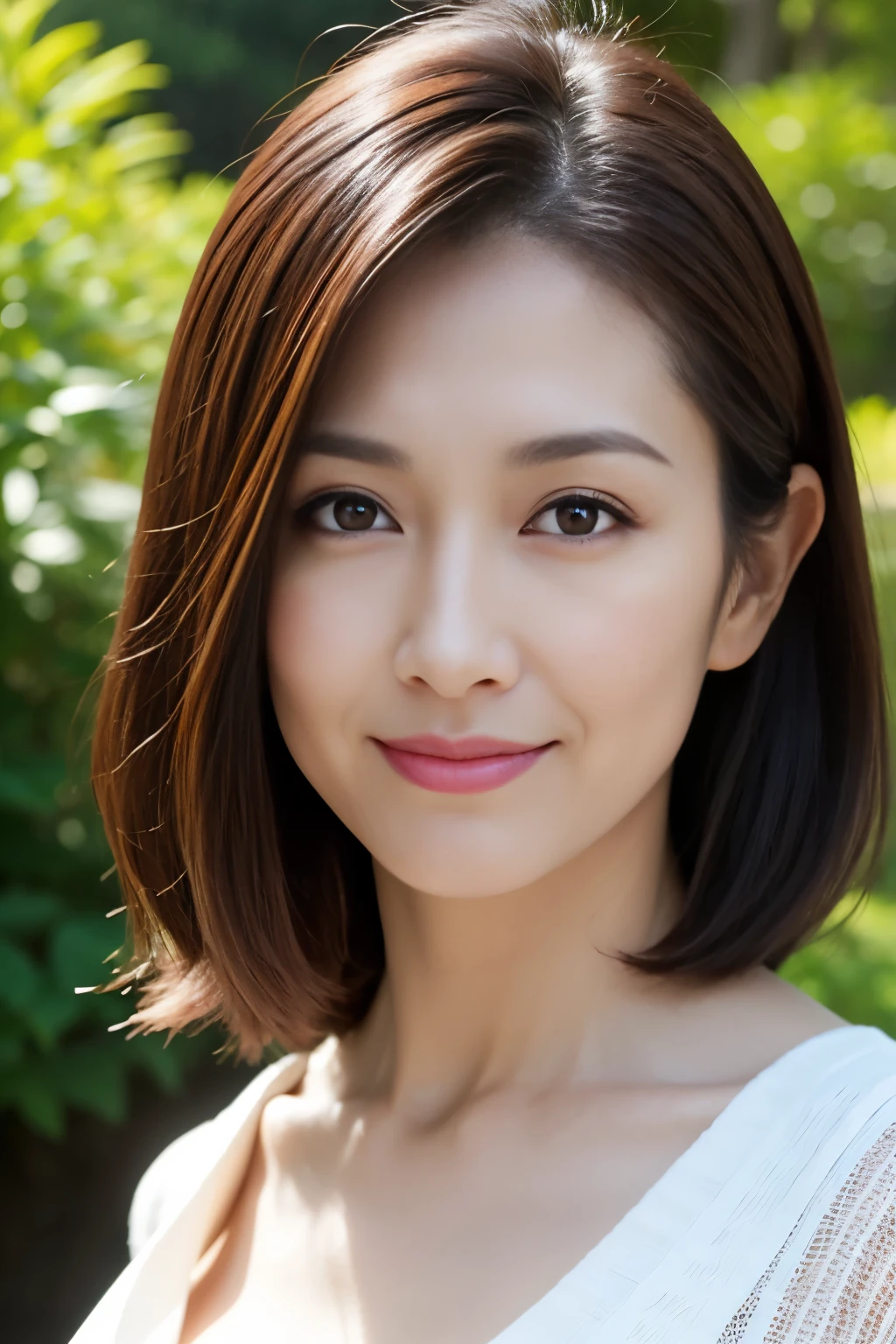 Dark brown hair, Light brown eyes, Japanese women, 40 years old, Intricate details, Upper body photo, (Detailed eyes), (Detailed facial features), highest quality, Ultra-high resolution, 8K resolution, Depth of written boundary, at the park, Medium sized breasts, Cleavage, Wearing a light blouse, (short hair), (View your viewers), (Standing in a sexy pose)