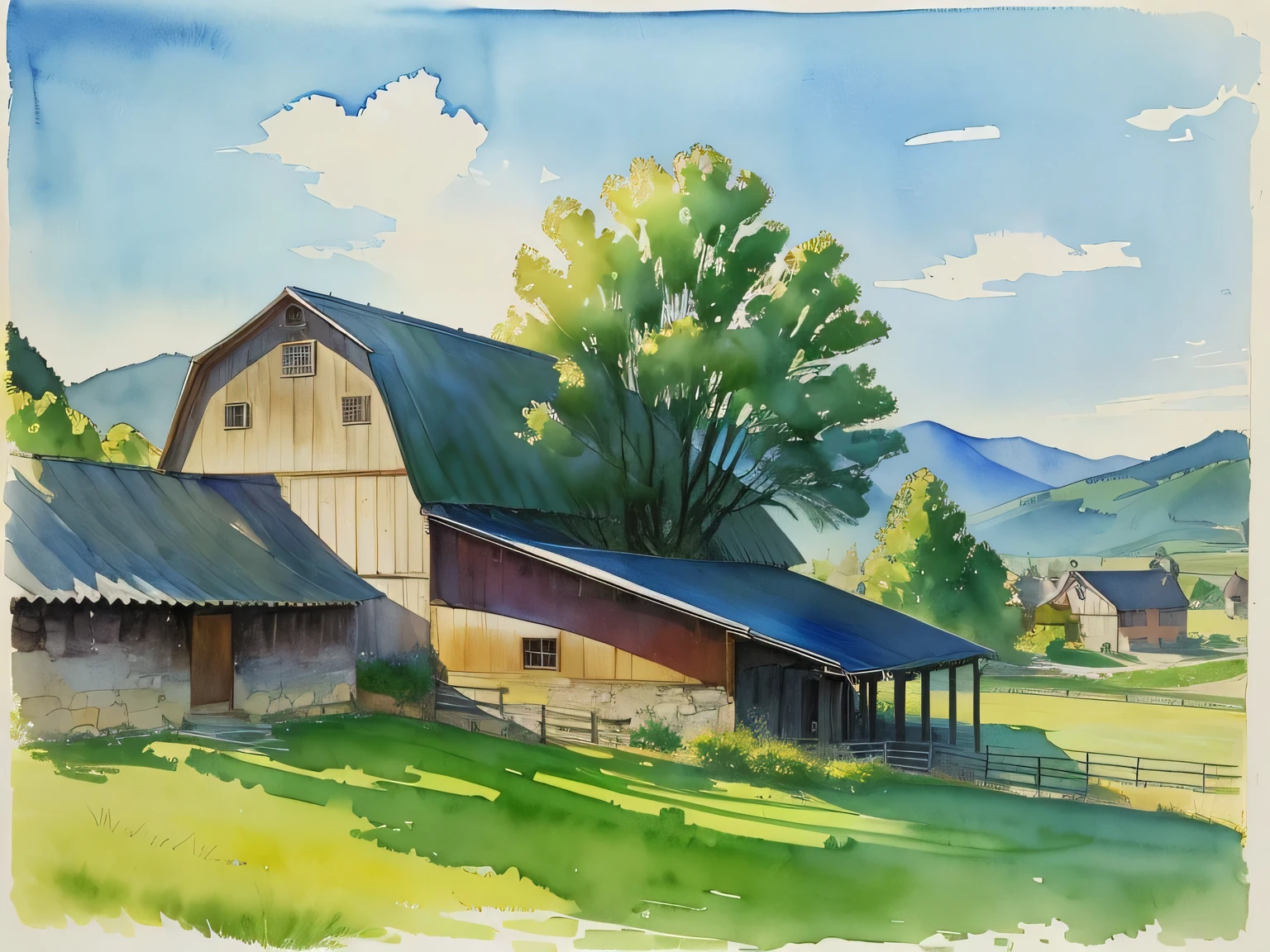 Watercolor landscape painting，This painting depicts a barn and cows, ( watercolor ), author：Roy Newell, watercolor on paper, author：Fred Mitchell, watercolor painting, watercolor, watercolor colored painting, author：Franz Haji, author：Jim Nelson, author：Hans Fischer, a watercolor painting, watercolor landscape, author：Ken Messer, Watercolor art on paper, William Bonnard