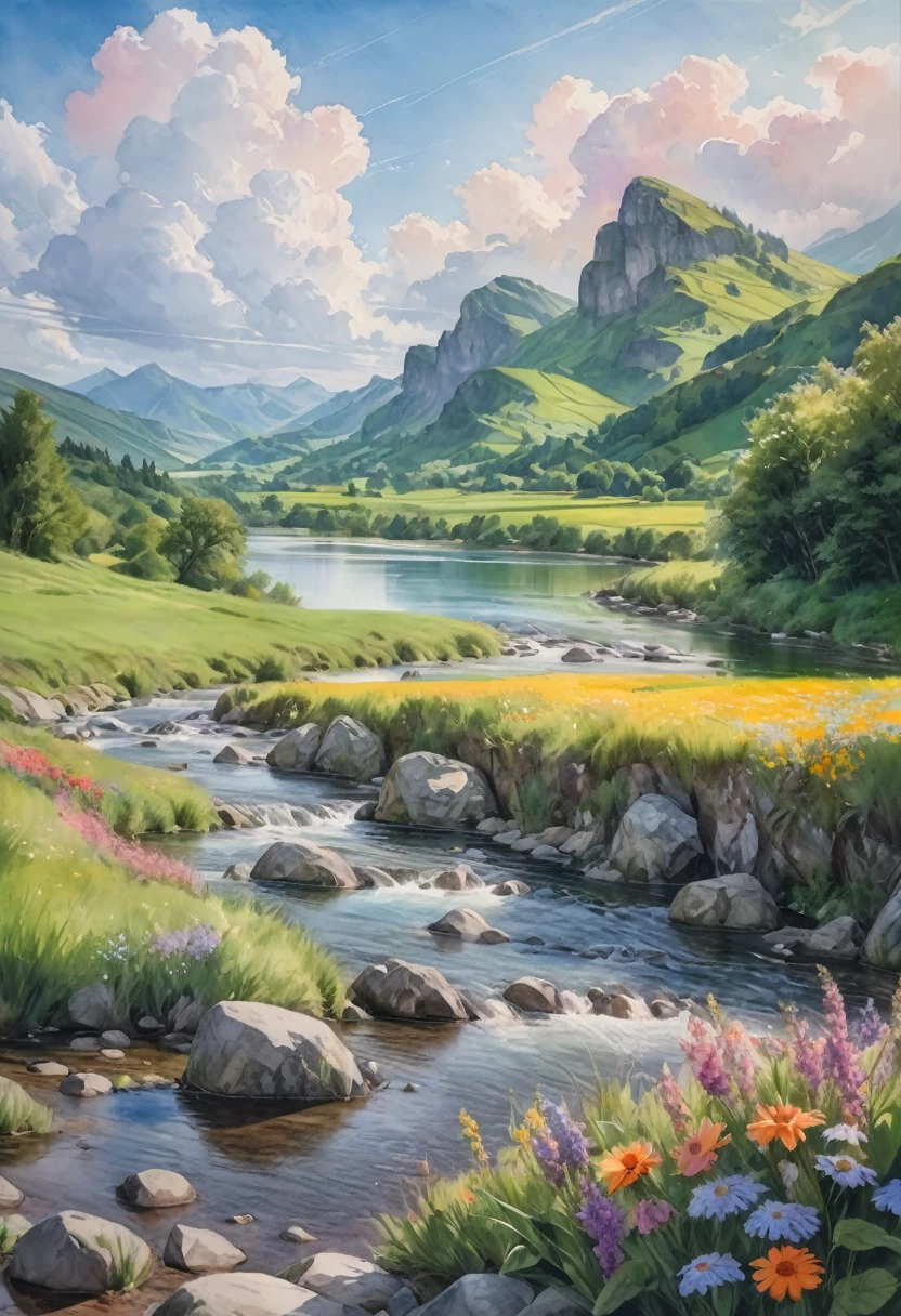 Watercolor Landscape, a scenic watercolor landscape, lush green hills and mountains, flowing river with rocks, colorful wildflowers, sunlit sky with fluffy clouds, peaceful countryside scene, soft blended colors, impressionist style, natural lighting, vibrant hues, dynamic composition, serene atmosphere, beautiful vista, (best quality,4k,8k,highres,masterpiece:1.2),ultra-detailed,(realistic,photorealistic,photo-realistic:1.37), traditional media,watercolor \(medium\),pencil \(medium\),paper \(medium\),painting \(medium\),