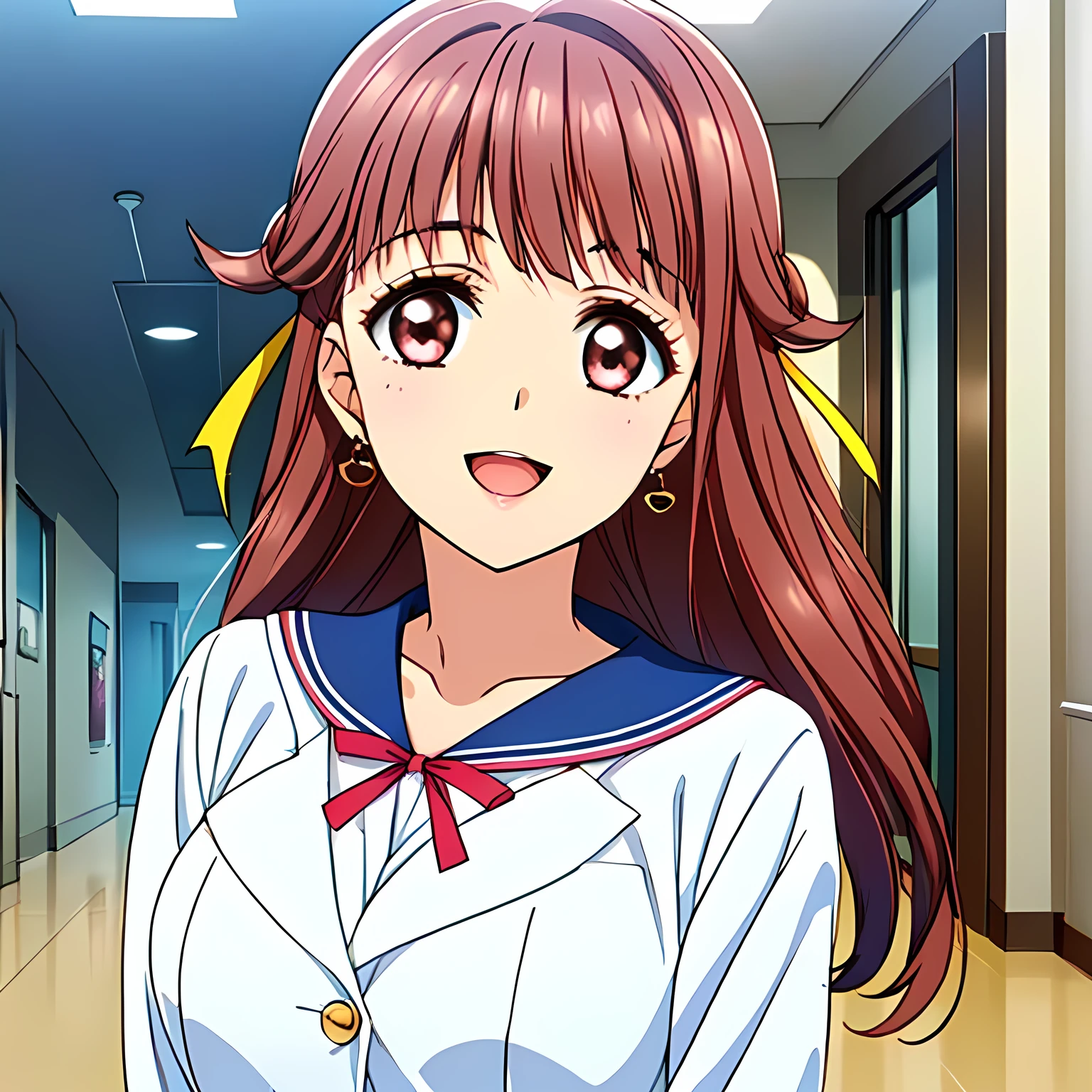 highest quality, (masterpiece:1.2), Very detailed, (((((High-definition game CG))))), ((((A portrait of a very noble and elegant 20-year-old young lady wearing her school sailor uniform, seen from behind.)))), ((The girl everyone loves)), (((((Very beautiful, flaxen, wavy, long hair))))), (((((A neat and tidy sailor suit in peach and pink))))), ((((A neat, deep pink long pleated skirt)))), ((((She was smiling with her beautiful, shining eyes narrowed.)))), ((Very long eyelashes)), ((A huge red ribbon on her chest)), ((A refined and elegant look like a noble princess)), (((Beautiful and great smile))), ((Very good posture)), ((Give the viewer a heavenly feeling of happiness)), (((Blur the background))), ((Very noble and elegant face)), ((Slender and shapely breasts)), (((laughing at me with pity!))), In the background is the hallway of the Palace of Versailles, Heart-shaped gold hair ornament and earrings, ((The elegant, slightly open mouth and glossy lips of an anime heroine)), A strong wind is blowing