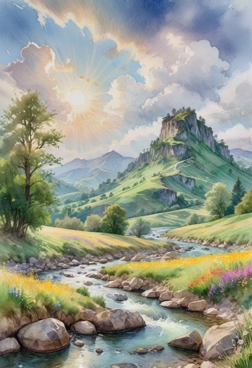 Watercolor Landscape, a scenic watercolor landscape, lush green hills and mountains, flowing river with rocks, colorful wildflowers, sunlit sky with fluffy clouds, peaceful countryside scene, soft blended colors, impressionist style, natural lighting, vibrant hues, dynamic composition, serene atmosphere, beautiful vista, (best quality,4k,8k,highres,masterpiece:1.2),ultra-detailed,(realistic,photorealistic,photo-realistic:1.37), traditional media,watercolor \(medium\),pencil \(medium\),paper \(medium\),painting \(medium\),