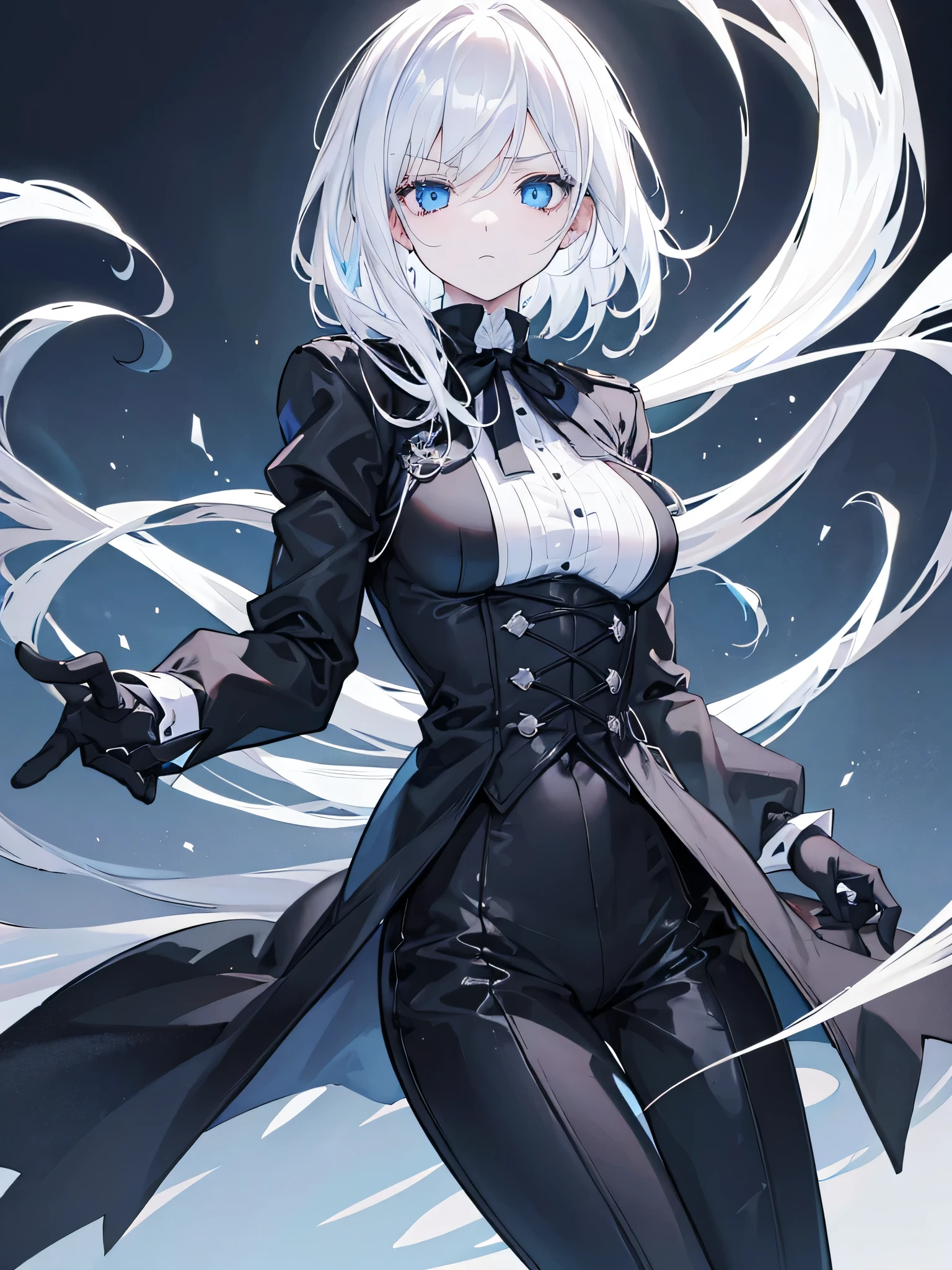 1girl, medium white hair, blue eyes, wearing all black butler uniform, black gloves, black pants, black shirt, emotionless expression, one hand behind back and other close to the chest, high res, ultrasharp, 8K, masterpiece, looking at viewer