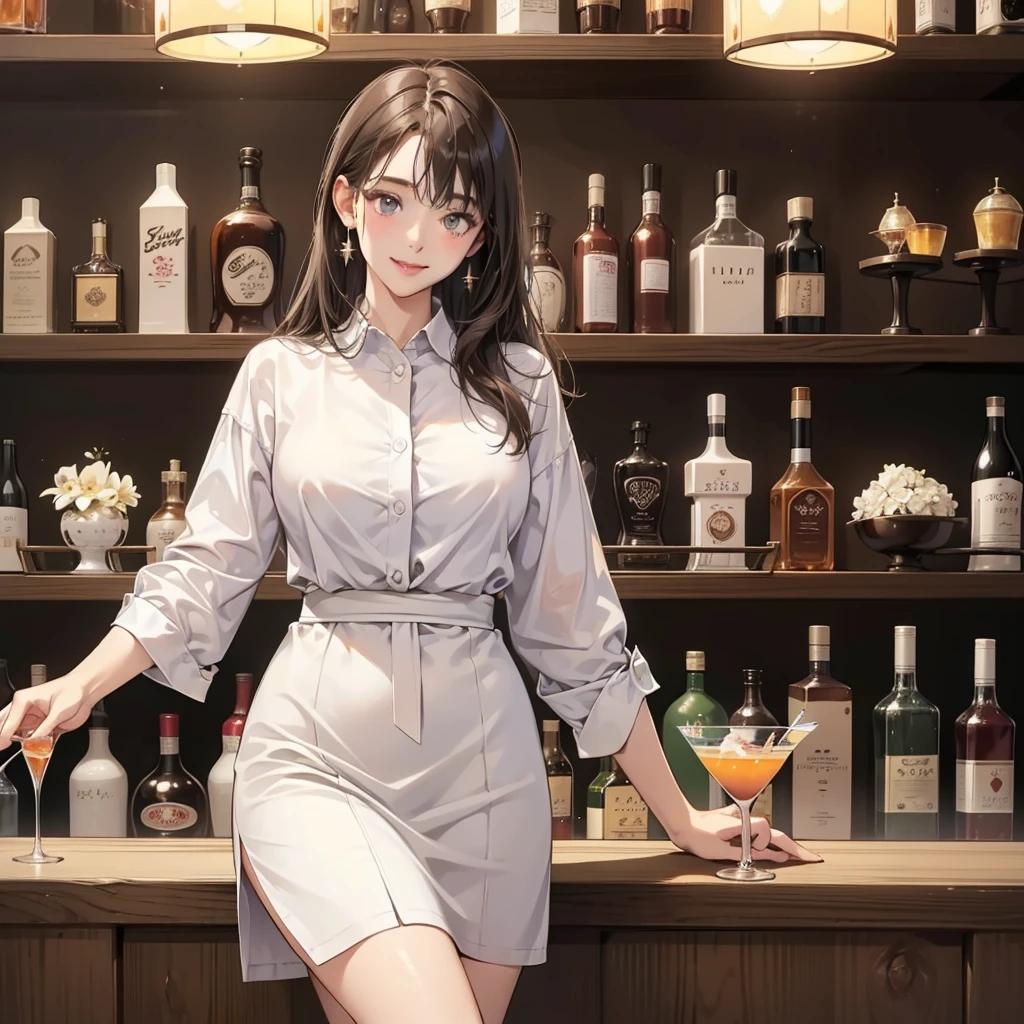 born,(Sharp focus、Eye focuasterpiece、highest quality、Realistic詳細、Clear images、Realistic、High resolution),Beautiful smiling woman holding a cocktail glass、22 years old、big, Kind eyes,,bar counter,A shelf of whiskey bottles in the background、White shirt