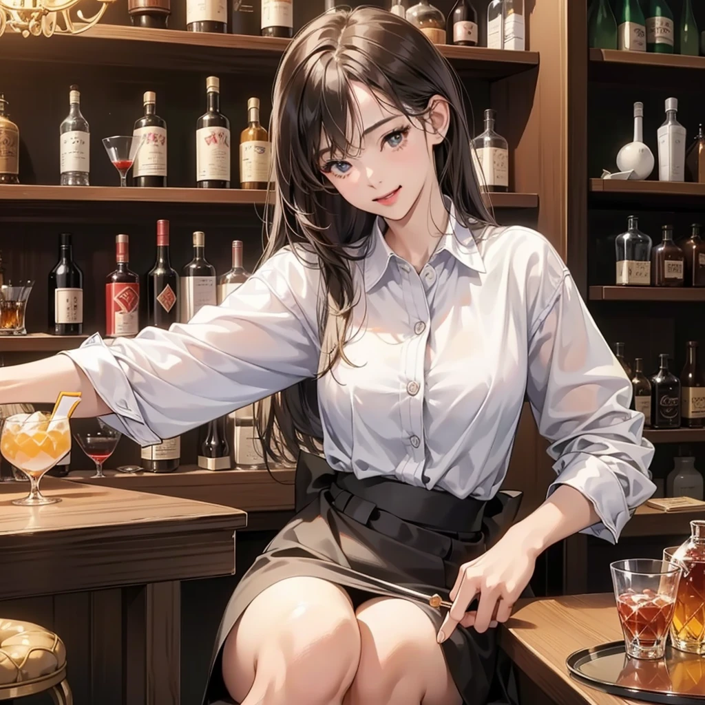 born,(Sharp focus、Eye focuasterpiece、highest quality、Realistic詳細、Clear images、Realistic、High resolution),Beautiful smiling woman holding a cocktail glass、22 years old、big, Kind eyes,,bar counter,A shelf of whiskey bottles in the background、White shirt