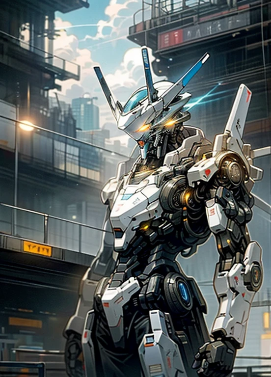 sky sky,Cloud,Keep_arms,No_human nature,Luminescence,,Droid,buliding,Luminescence_Eye,Mecha,novel,Skyscraper,Realist,Luminescence weapons,Confrontational posture,Cyberpunk character I'm pregnant wearing long pink hair and underwear,There is also Pikachu and a