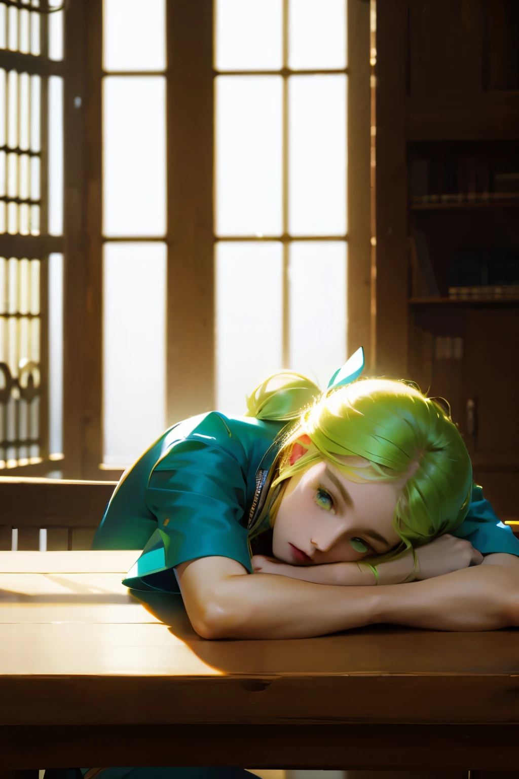 ((masterpiece,best quality, high resolution)), 1 Girl, Solitary, Green Eyes, Long blond hair tied with a blue ribbon, Bangs, sit, Cross your arms on the table, Sleeping with arms folded, Uniforms, Shirase Fuku, Red sailor collar, Short sleeve, White pleated skirt, (In the library), Dramatic lighting, Next to the window, afternoon light through the window, afternoon, Bokeh effect