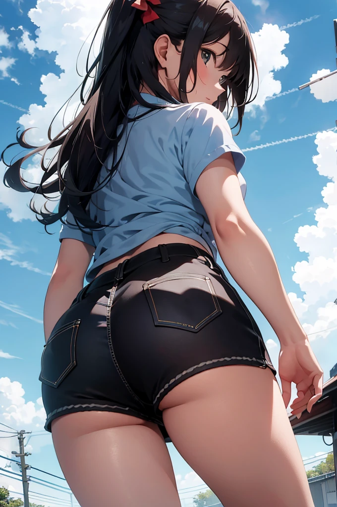 Back view of girl wearing hot pants,Low-Angle