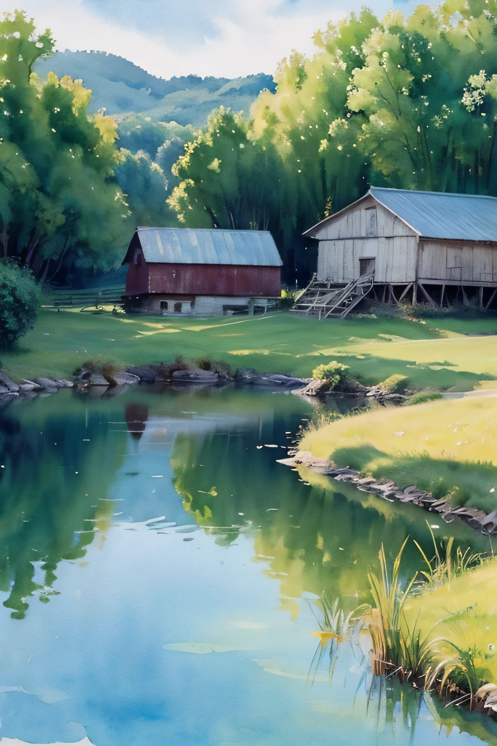 Watercolor landscape painting,This painting depicts a barn and cows, ( watercolor ), author:Roy Newell, watercolor on paper, author:Fred Mitchell, watercolor painting, watercolor, watercolor colored painting, author:Franz Haji, author:Jim Nelson, author:Hans Fischer, a watercolor painting, watercolor landscape, author:Ken Messer, Watercolor art on paper, William Bonnard