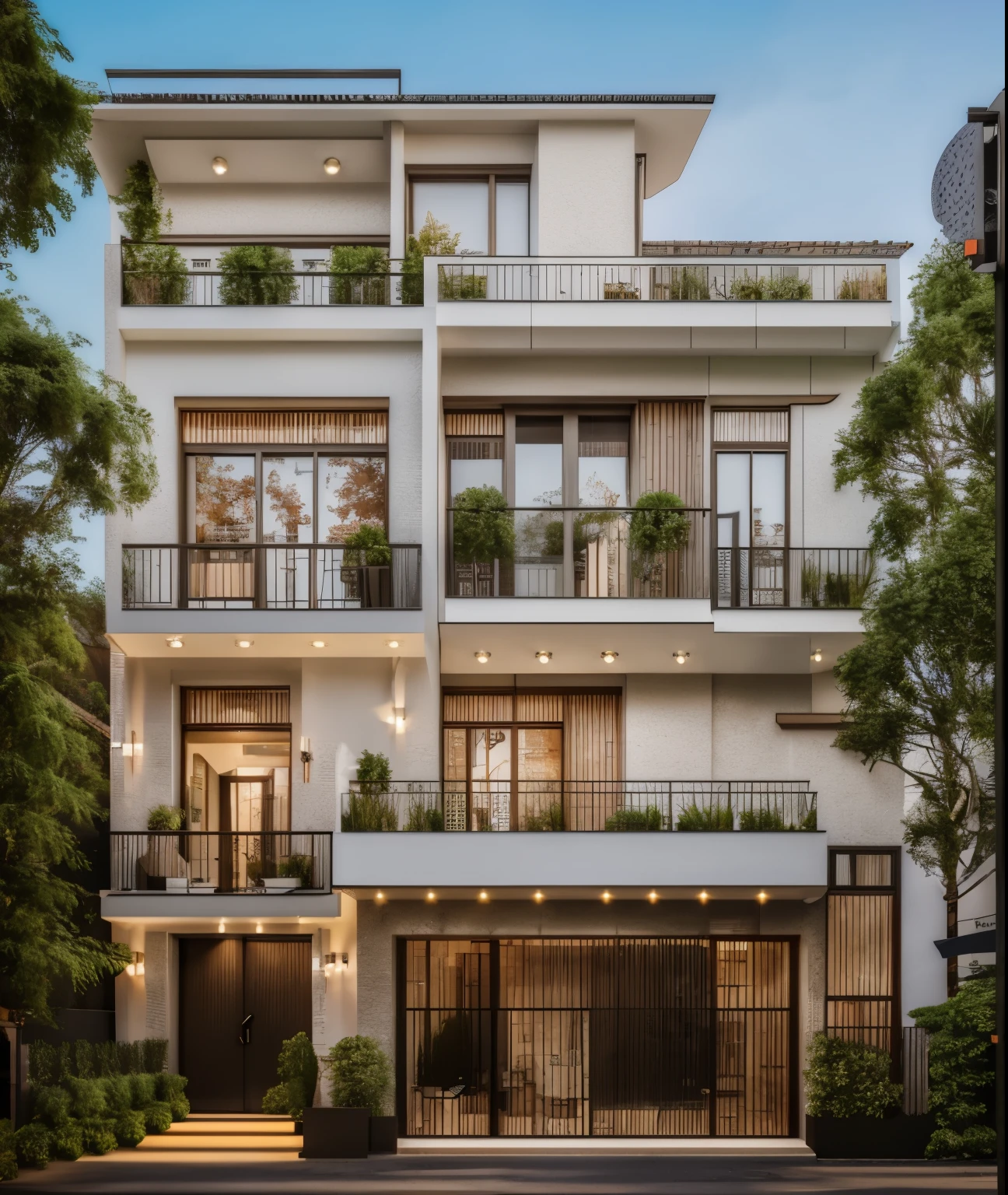 (Townhouse in city ,close houses and trees), (indochine style architecture) daylight ( best quality) ((high solution)) ,(( photo realistic)) ,warm light,  soft lighting, warm atmosphere,high Resolution, hyper detailed,4k ,vray render, octane render, hyper realistic, photography expert ,exterior design , professional photography, exterior photography,wide-angle shot , ultra detail , high Resolution , full frame, full body