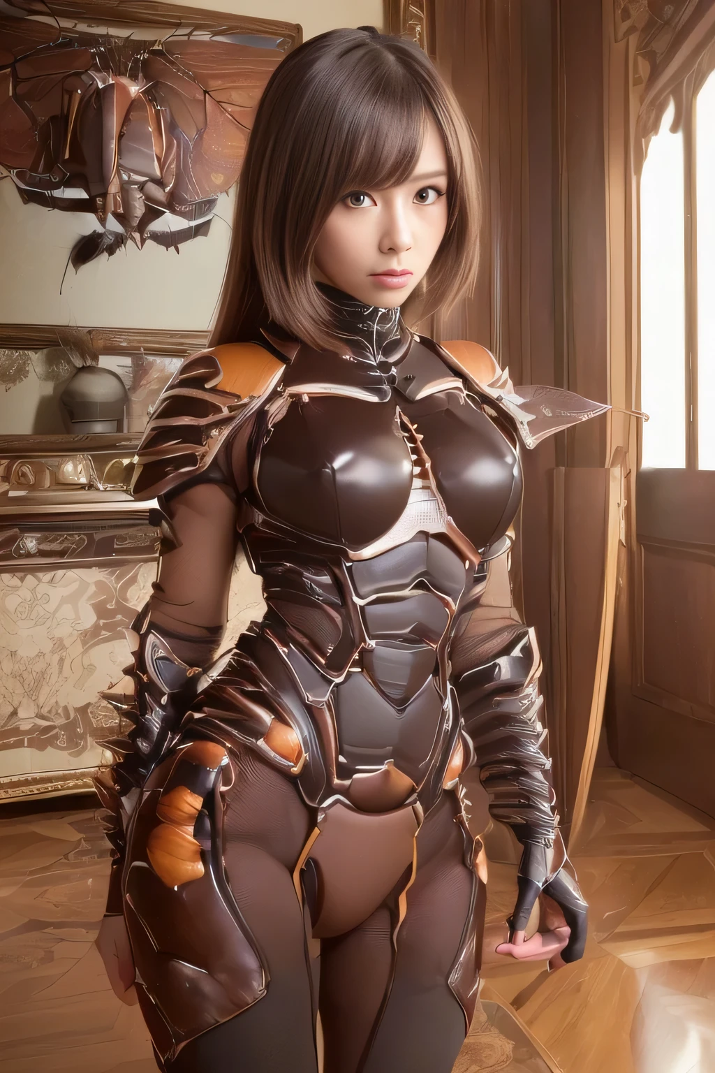 (high resolution,masterpiece,best quality,extremely detailed CG, anime, official art:1.4), realistic, photo, amazing fine details, all intricate, gloss and shiny,awesome many layers, 8k wall paper, 3d, sketch, kawaii, illustration,( solo:1.4), perfect female proportion,villainess, (fusion of dark brown cockroach and lady:1.4), (brown cockroach form lady:1.2), (brown cockroach lady:1.2), (fusion:1.2), (solo:1.4), (evil smile:1.2), muscular, abs, (cockroach brown exoskeleton bio insect suit:1.4), (cockroach brown exoskeleton bio insect armor:1.2), (brown transparency cockroach wing:1.4), (brown cockroach antennae:1.3),