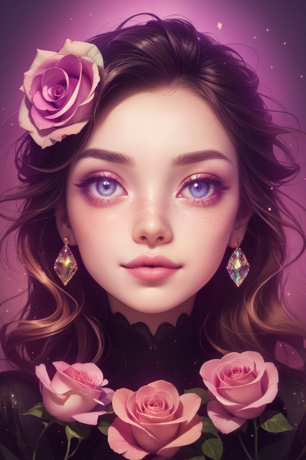 (This is a beautiful rainbow fantasy image that feels interesting and emphasizes glitter and iridescence.) Generate a ((blind)) curvy woman with colorful curly hair and milky eyes. Her face is important and is perfectly formed with puffy lips and perfect features. (Her eyes are critically important). The image exudes ethereal beauty and soft fantasy. Include sweet and detailed birds and soft, luminous flowers in all the colors of the rainbow. The image's background is decorated in shades of pink, shimmer, glitter, and fantasy details like colored bubbles and cosmos. Utilize dynamic composition to create a compelling and action-packed image. Dramatic lighting and cinematic lighting enhance the woman's beauty and the soft colors in the artwork. (((((Perspective: head on.))))) Include fantasy, cute, colorful, colourful, interesting magic background, (smirking), ((birthmark on lip)), ((pretty lips)), beautiful background, complex background, sweet background, (((rainbow))), subtle freckles, natural freckles, Surround her with eternal roses in shimmering shades. Add whimsical details like stars, bubbles, and glitter for an enchanting touch. Ensure perfection in her face, hair, and eyes. Incorporate elements of high fantasy, whimsy, and detailed elegance. English rose, princess, courtesan, noblewoman, sweet, lovely, calm, lovely, shimmering, glimmering, glittering, astrological fantasy, (((masterpiece))), (highest quality), magic rose, fantasy garden, beautiful face, perfect face, puffy lips, interesting, shy smile, fantasy elements, magic rose, beautiful eyes, perfect puffy lips, jewel tones, luminosity