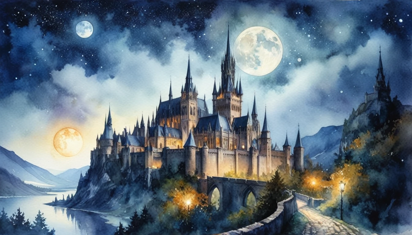 Watercolor painting, masterpiece in maximum 16K resolution, superb quality, highly detailed, vast Gothic landscape from the castle walls, spires and peaks, ((magic orbs)), moonlit starry night