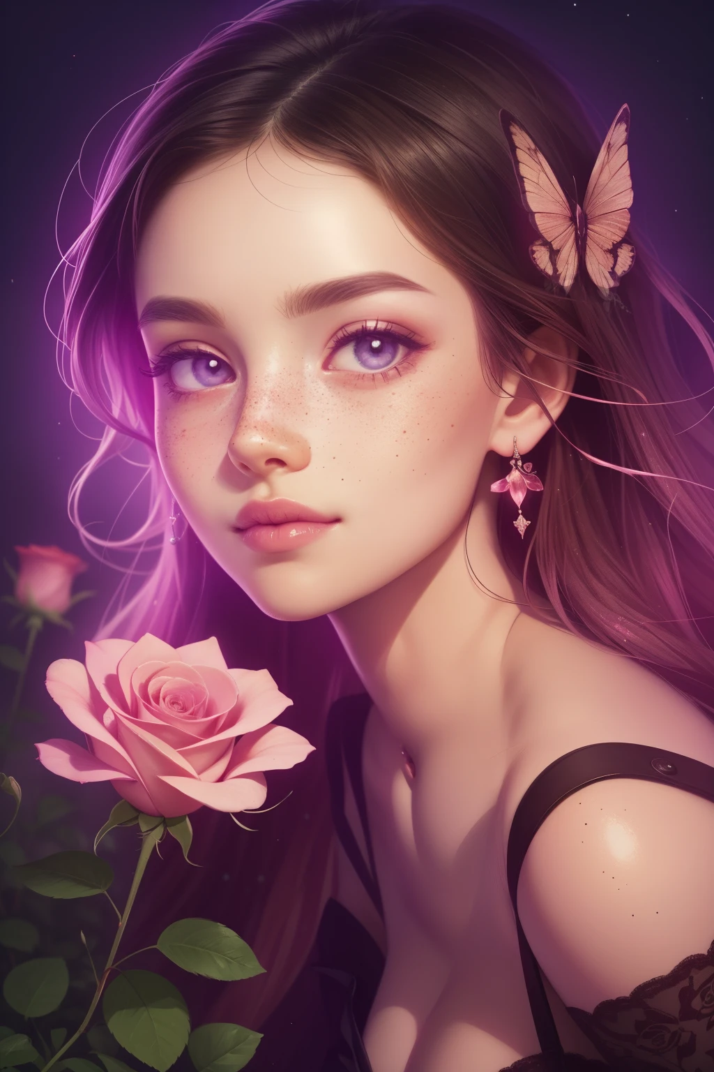 (This is a beautiful, intricate, elegant fantasy image that emphasizes beauty and grace.) Generate a blind curvy woman with milky eyes and soft natural freckles. Her face is important and should be (perfectly formed) with (beautiful puffy lips) and (perfect features). There is a cute freckle birthmark on her lip. The image exudes ethereal beauty and soft fantasy, with shimmering shades of pink throughout. Surround her with eternal roses in shimmering shades. Ensure perfection in her face, hair, and eyes. Include sweet and detailed birds and soft, luminous flowers and detailed roses. Utilize dynamic composition and dramatic lighting and cinematic lighting to create an interesting fantasy image. The background of the image is interesting and ultra-detailed, with soft fantasy lighting and gradients. Include fantasy details, cute aura, colorful, colourful, and interesting magical background. The image's background is decorated in shades of pink, shimmer, glitter, and fantasy details like colored bubbles and cosmos. Include subtle freckles, natural freckles and a diffused realistic skin tone. Incorporate elements of high fantasy, whimsy, and detailed elegance. English rose, princess, courtesan, noblewoman, sweet, lovely, calm, lovely, shimmering, glimmering, glittering, astrological fantasy, (((masterpiece))), (highest quality), magic rose, fantasy garden, beautiful face, perfect face, puffy lips, interesting, shy smile, fantasy elements, magic rose, beautiful eyes, perfect puffy lips, jewel tones, luminosity. Taken with a canon camera.