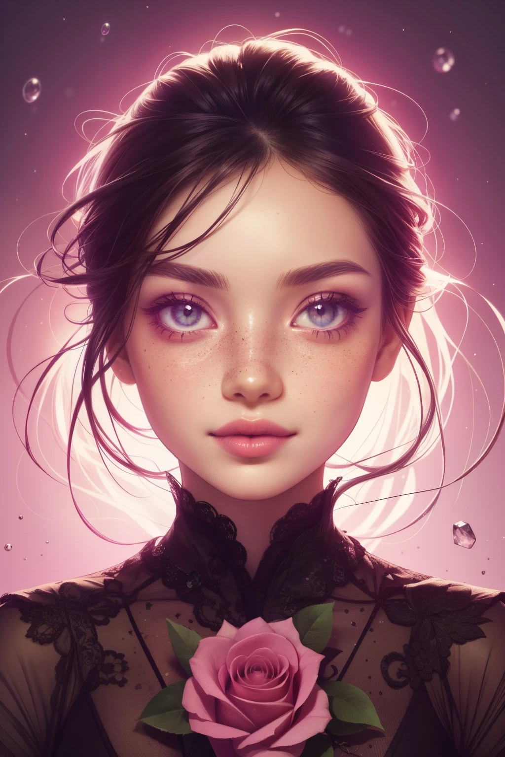 (This is a beautiful, intricate, elegant fantasy image that emphasizes beauty and grace.) Generate a blind curvy woman with milky eyes and soft natural freckles. Her face is important and should be (perfectly formed) with (beautiful puffy lips) and (perfect features). There is a cute freckle birthmark on her lip. The image exudes ethereal beauty and soft fantasy, with shimmering shades of pink throughout. Surround her with eternal roses in shimmering shades. Ensure perfection in her face, hair, and eyes. Include sweet and detailed birds and soft, luminous flowers and detailed roses. Utilize dynamic composition and dramatic lighting and cinematic lighting to create an interesting fantasy image. The background of the image is interesting and ultra-detailed, with soft fantasy lighting and gradients. Include fantasy details, cute aura, colorful, colourful, and interesting magical background. The image's background is decorated in shades of pink, shimmer, glitter, and fantasy details like colored bubbles and cosmos. Include subtle freckles, natural freckles and a diffused realistic skin tone. Incorporate elements of high fantasy, whimsy, and detailed elegance. English rose, princess, courtesan, noblewoman, sweet, lovely, calm, lovely, shimmering, glimmering, glittering, astrological fantasy, (((masterpiece))), (highest quality), magic rose, fantasy garden, beautiful face, perfect face, puffy lips, interesting, shy smile, fantasy elements, magic rose, beautiful eyes, perfect puffy lips, jewel tones, luminosity. Taken with a canon camera.