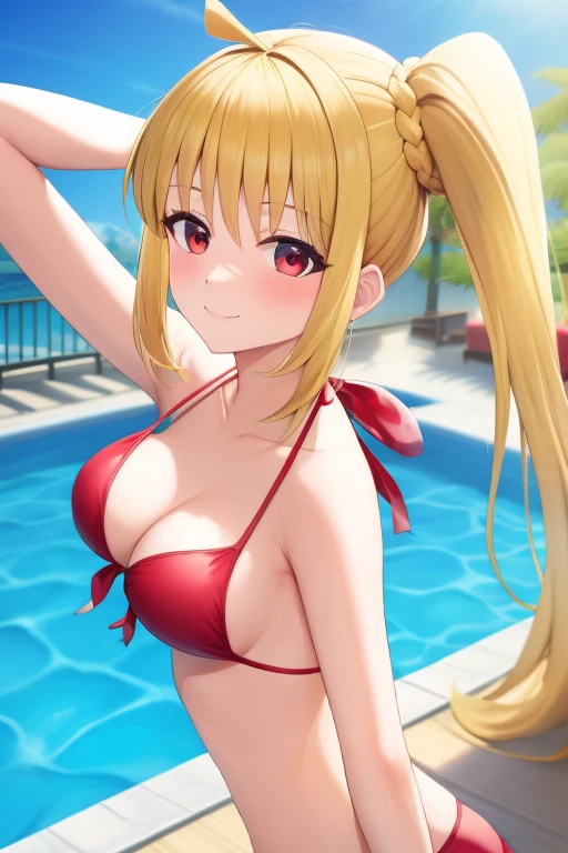 (masterpiece, highest quality:1.2), Blonde girl with red eyes,
 Side Ponytail, Full Bang,	bikini,		arched back
,smile, Pool, 
Super detaileded, highest quality, Expressive eyes, Perfect Face, super high quality, Super detailed