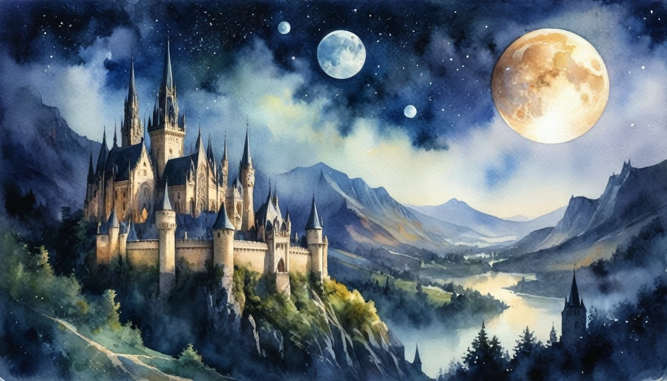 Watercolor painting, masterpiece in maximum 16K resolution, superb quality, highly detailed, vast Gothic landscape from the castle walls, spires and peaks, ((magic orbs)), moonlit starry night
