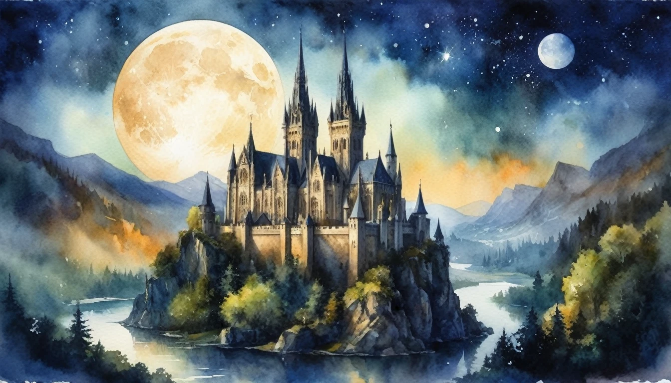 Watercolor painting, masterpiece in maximum 16K resolution, superb quality, highly detailed, vast Gothic landscape from the castle walls, spires and peaks, ((magic orbs)), moonlit starry night
