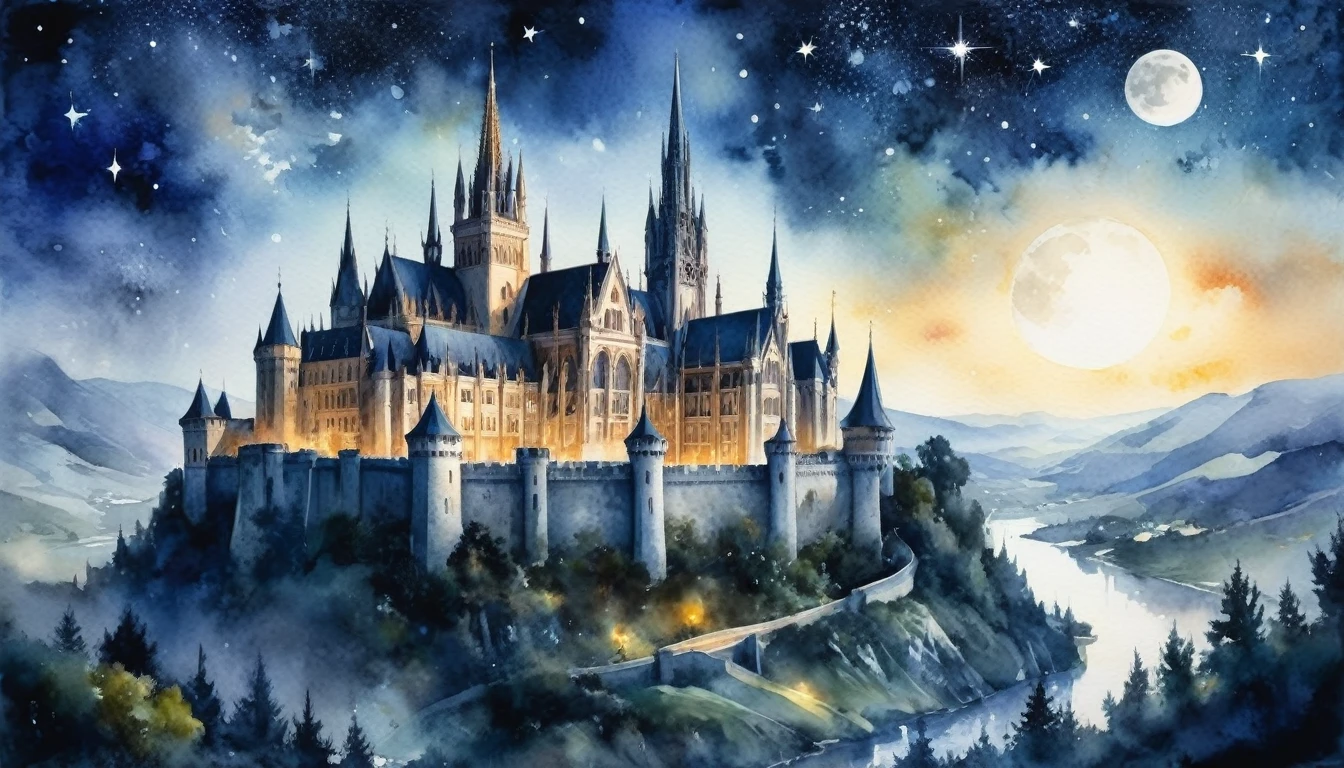 Watercolor painting, masterpiece in maximum 16K resolution, superb quality, highly detailed, vast Gothic landscape from the castle walls, spires and peaks, ((magic orbs)), moonlit starry night
