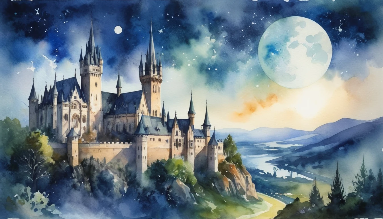 Watercolor painting, masterpiece in maximum 16K resolution, superb quality, highly detailed, vast Gothic landscape from the castle walls, spires and peaks, ((magic orbs)), moonlit starry night
