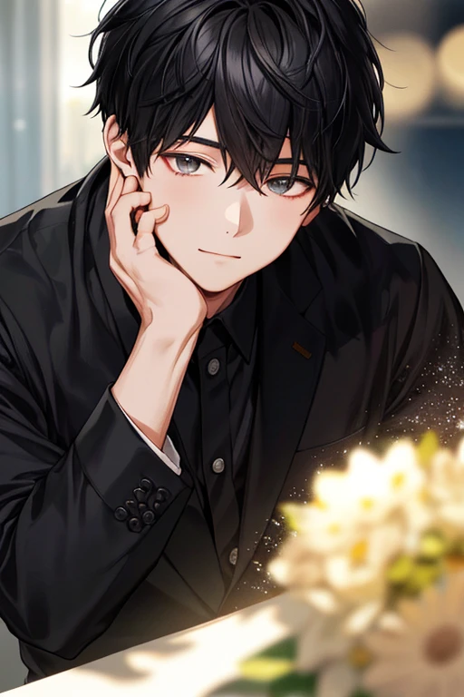 1 boy,Focus on the face,black color hair,Adults,best qualtiy,employee,detail in face,Background of details,Diffused sunlight,depth of fields,Background bokeh。