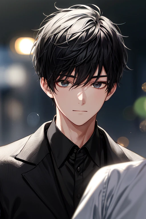 1 boy，Focus on the face，black color hair，Adults，best qualtiy，employee，detail in face，Background of details，Diffused sunlight，depth of fields，Background bokeh。