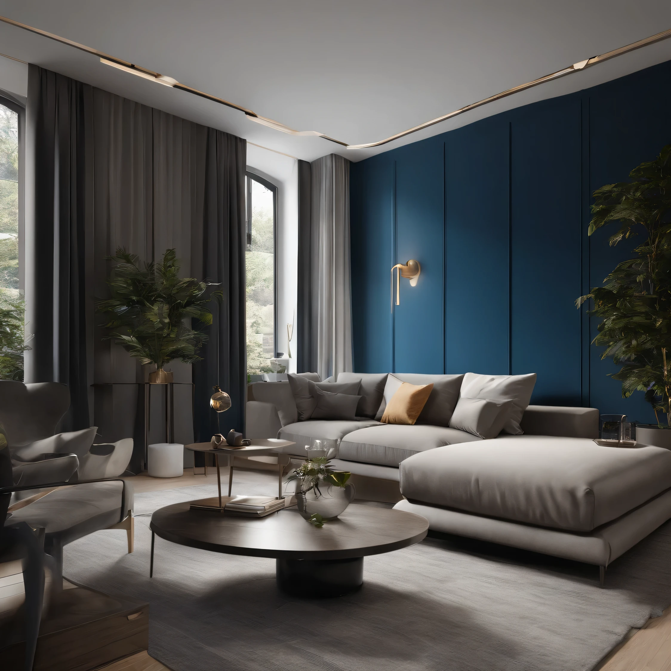 "Design a modern interior with the following specifications: * A wide range of aesthetic elements, combining broad and beautiful visuals * High-quality, precision-crafted design * 8K resolution, providing an exceptionally high level of detail * Modern, stylish interior with subtle features, such as: + A single, elegant plant + White curtains + A simple room layout + A wall painting or art piece * The room receives morning sunlight, which enters through a window with a stunning view of a forest * The walls will have a deep, rich blue color Describe the resulting interior design in detail, including paint colors, furniture, lighting, and any other elements that would bring this design to life." This modified prompt is more concrete and specific, making it easier for ChatGPT to understand and generate a precise response that meets the original request.