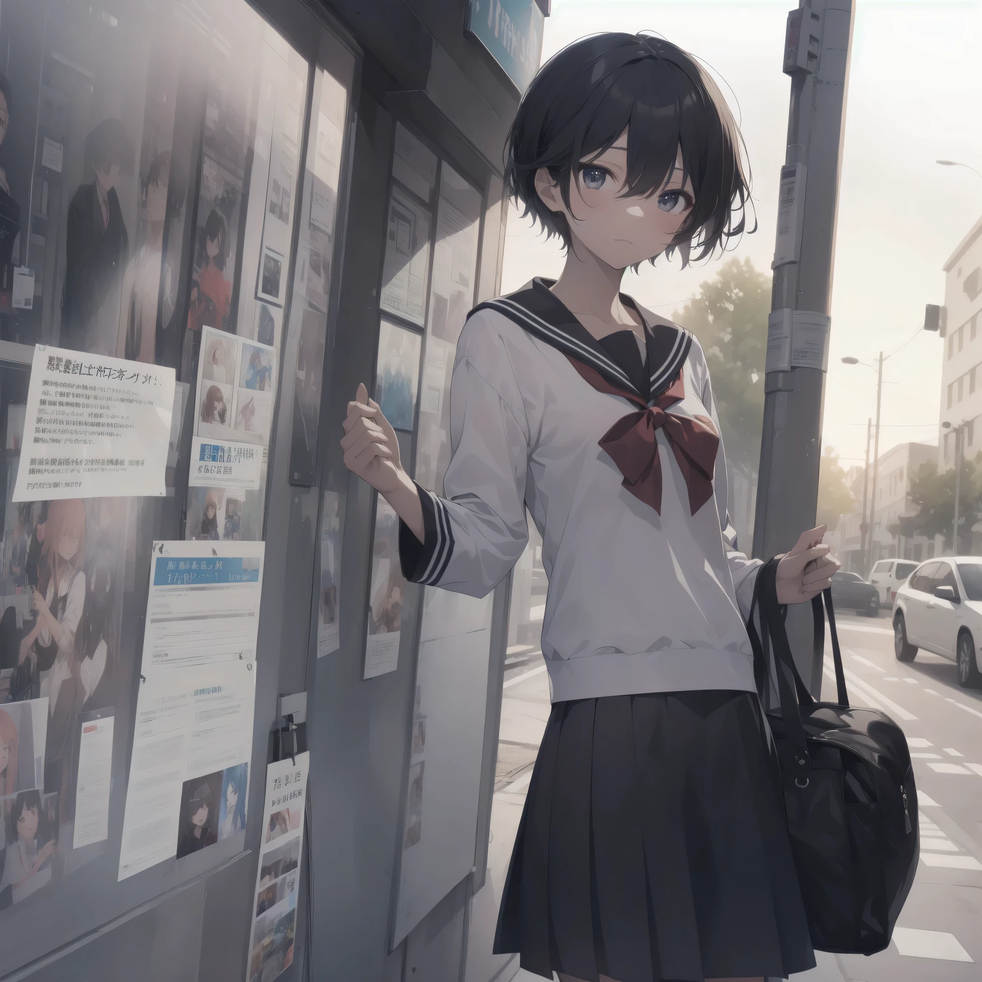 ultra-absurdres-Top quality by artist God, ultra-detailed, high resolution, anime moe artstyle, best anime 8k konachan wallpaper, pixiv contest winner, pool:2810, perfect anatomy,break, 1girl, (Please draw a girl walking sleepily to school alone. )break,(Solo,little female, 13-year-old:1.3),Full limbs, complete fingers,a junior high school student, (very short hair), short cut, flat chest, , small butt, small black eyes, beautiful detailed eyes, well-proportioned iris and pupils, expressive eyes, highres detailed hair, soft expression, salor school_uniform, sailor collar, serahuku, bow, pleated skirt,(Detailed Lighting), (Detailed background), in the School commute route. break,super detailed skin, Best cinematic lighting powered by famous artist, 8k,beauty illustration,photoshop_(medium),very aesthetic,break,((artist:hisona_(suaritesumi) )), artist:clamp ,artist:carnelian ,artist:kantoku ,