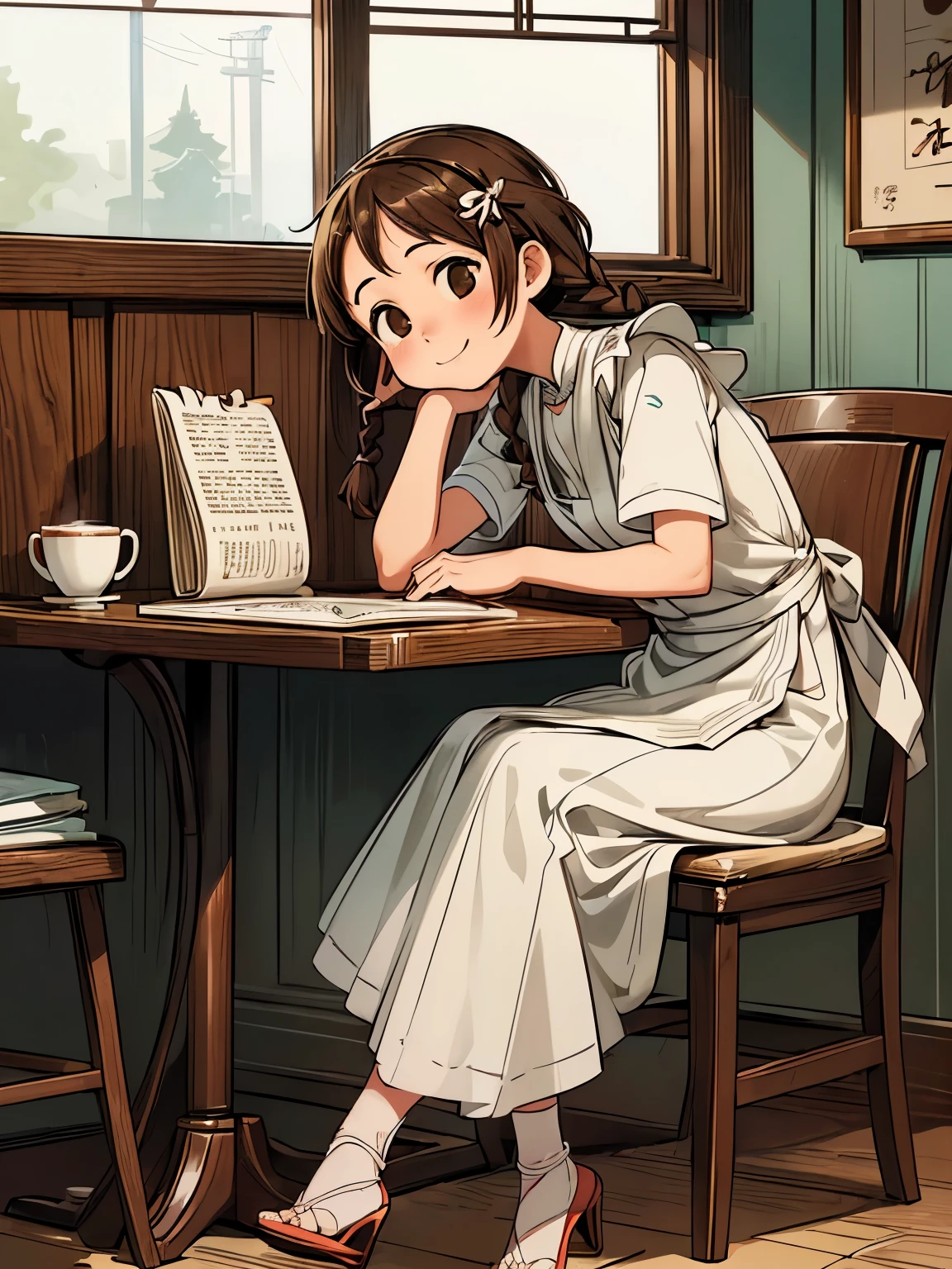 (masterpiece、highest quality、highest quality、Official Art、Beautiful and beautiful:1.2)、(One girl:1.3)Hatsune Miku、Twin tails,Big Breasts,Fluffy hair,Brown Hair,(下向きTwin tails),((Braided Short Hair)),Slight red tide,((Brown eyes)),(A coffee shop with a Showa retro atmosphere),((Siphon or coffee cup)),(A counter with a warm and modern atmosphere),((Meiji period~Showa era waitress)),(Maid clothes),(White headdress),((sitting in a chair reading a book)),Look at me,(Stiletto Heel Shoes),Smiling with a gentle face,((close)),(((close of face))),