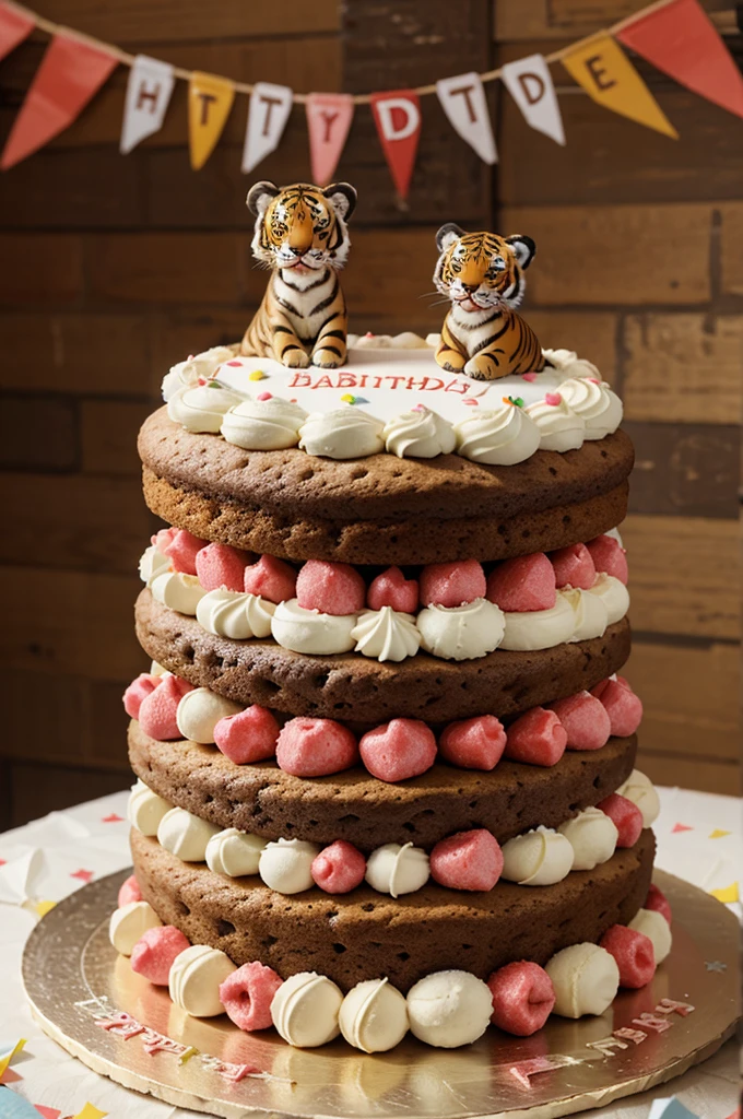 3 stack of cute birthday cake with simple baby tiger decoration