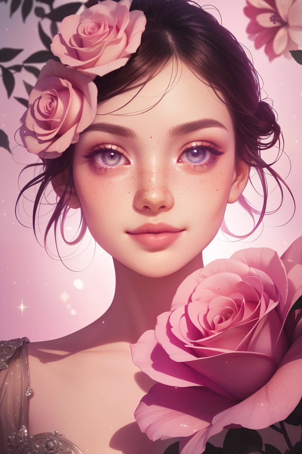 (This is a beautiful, intricate, elegant fantasy image that emphasizes beauty and grace.) Generate a blind curvy woman with milky eyes and soft natural freckles. Her face is important and should be (perfectly formed) with (beautiful puffy lips) and (perfect features). There is a cute freckle birthmark on her lip. The image exudes ethereal beauty and soft fantasy, with shimmering shades of pink throughout. Surround her with eternal roses in shimmering shades. Ensure perfection in her face, hair, and eyes. Include sweet and detailed birds and soft, luminous flowers and detailed roses. Utilize dynamic composition and dramatic lighting and cinematic lighting to create an interesting fantasy image. The background of the image is interesting and ultra-detailed, with soft fantasy lighting and gradients. Include fantasy details, cute aura, colorful, colourful, and interesting magical background. The image's background is decorated in shades of pink, shimmer, glitter, and fantasy details like colored bubbles and cosmos. Include subtle freckles, natural freckles and a diffused realistic skin tone. Incorporate elements of high fantasy, whimsy, and detailed elegance. English rose, princess, courtesan, noblewoman, sweet, lovely, calm, lovely, shimmering, glimmering, glittering, astrological fantasy, (((masterpiece))), (highest quality), magic rose, fantasy garden, beautiful face, perfect face, puffy lips, interesting, shy smile, fantasy elements, magic rose, beautiful eyes, perfect puffy lips, jewel tones, luminosity. Taken with a canon camera.