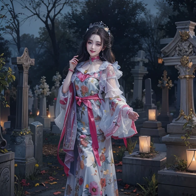 Standing in the grave、Hair flow、 ((highest quality、masterpiece、8k、Best image quality、Ultra-high resolution、Award-winning works)、(Accurate anatomy:1.1)、(Look at me and smile:1.1)、Shining fair skin with Ultra-high resolution、The most detailed face、Ultra-high resolution detailed face、Ultra-high resolutionの髪の毛、(Ultra-high resolution eye:1.1)、Beautiful face drawn in every detail、Cheerful clown costume, Chest to chest, Strange atmosphere, Ghosts flow, Dark Light, At the Cemetery, Heavy makeup