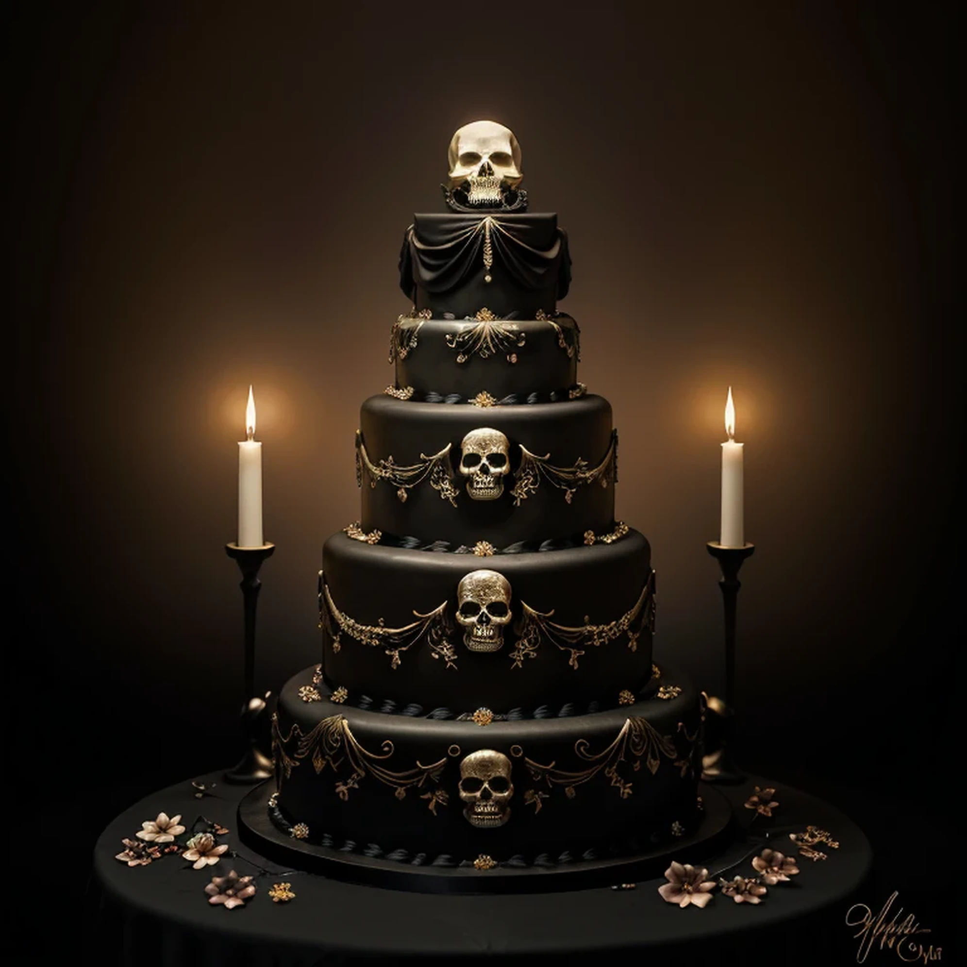 A mesmerizing dark fantasy-themed cake decoration masterpiece by Skull Cake Shop 99. The central focus is a pair of exquisitely detailed, bejeweled skulls adorned with delicate flowers and a generous dollop of whipped cream. Set against a black background, the interplay of light and shadow creates a hauntingly beautiful atmosphere. The 3D rendering and photo-realistic details elevate this design to a level of sophistication, while the artist's signature adds a personal touch to this unique creation. The perfect balance, impeccable execution, and artistic arrangement make this a true masterpiece worth a million dollars. This captivating work of art could easily serve as a striking book cover, leaving an unforgettable impression on the viewer.