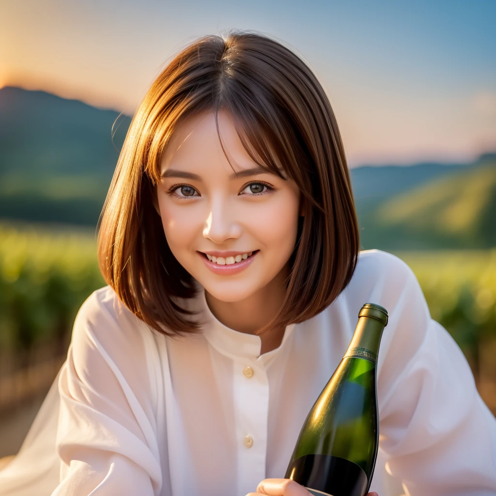 ((highest quality、8k、masterpiece:1.3))、Beautiful woman perfect body:1.4、The body is slim、((Bob Hale、Straight hair:1.2))、 Ultra-high resolution, Bright image、2. The beauty of wine, Beautiful Face, blue eyes, Beautiful Eyes, The light shines on your face, Blushing your nose, short hair,Amazing view of the sunset sky and clouds、Amazing mountain views、A bright smile、A lovely woman with a smile、Bright Face、Fox face、Lady、Champagne、Wine bottle、wine glass、red wine 、Appetizers、Italian food、Two beauties、Brown Hair、Shortcuts、Long sleeve shirt、Winter Fashion、dress、Wine bottle、sparkling wine、Pretty Woman 1, (slim face), (Brown Hair), (Shortcuts), cheeks turn a little red, (42 years old), 39 years old, Attractive beauty、restaurant, Nova Frog Style, actress, model, Upper Body, White wine, slim, wine glass, wine glass placed in the middle, smile, (smile: 1.15), Beautiful Eyes, Strong light and shadow,Moist Body:1.5、Delicate eyes、Brown Hair、The hair is very shiny、