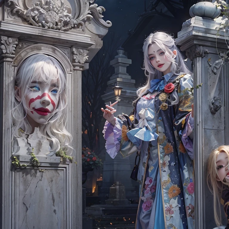Standing in the grave、Hair flow、 ((highest quality、masterpiece、8k、Best image quality、Ultra-high resolution、Award-winning works)、(Accurate anatomy:1.1)、(Look at me and smile:1.1)、Shining fair skin with Ultra-high resolution、The most detailed face、Ultra-high resolution detailed face、Ultra-high resolutionの髪の毛、(Ultra-high resolution eye:1.1)、Beautiful face drawn in every detail、Cheerful clown costume, Chest to chest,  Strange atmosphere, Ghosts flow, Dark Light, At the Cemetery, Heavy makeup 