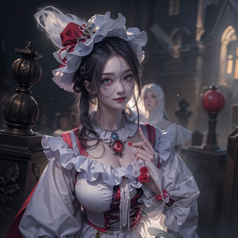 Standing in the grave、Hair flow、 ((highest quality、masterpiece、8k、Best image quality、Ultra-high resolution、Award-winning works)、(Accurate ???????:1.1)、(Look at me and smile:1.1)、Shining fair skin with Ultra-high resolution、The most detailed face、Ultra-high resolution detailed face、Ultra-high resolutionの髪の毛、(Ultra-high resolution eye:1.1)、Beautiful face drawn in every detail、Cheerful clown costume, Chest to chest, Strange atmosphere, Ghosts flow, Dark Light, At the Cemetery, Heavy makeup