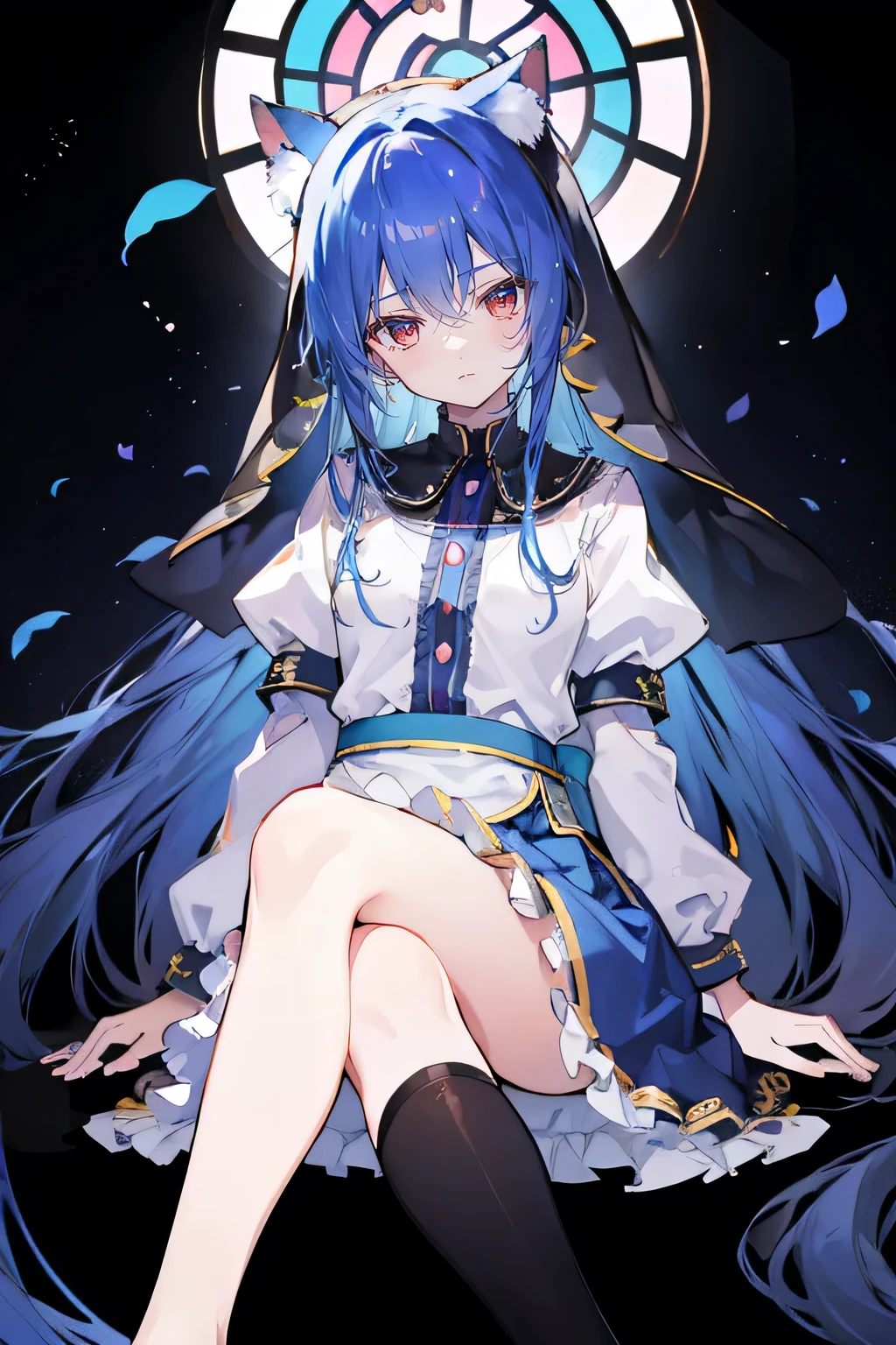 (masterpiece:1.2),Extremely detailed,Practical,expressive eyes,Fair skin,Perfect face shaping,1 Girl,
Japanese cartoons,Gorgeous blue hair, the long flowing blue hair,Floating clothes,Cat ears,Petals fall,beautiful lola,Young Angel,
Place your hands on your waist,sit elegantly on the ground,Cross your legs,Gentle and peaceful background,stately church,nun.