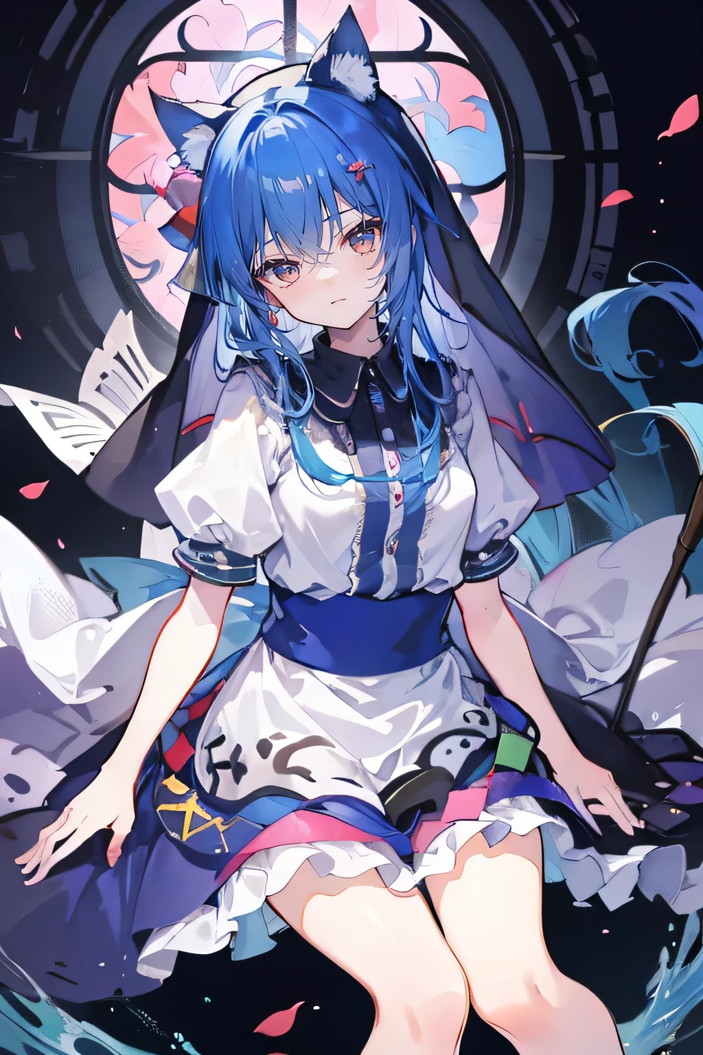 (masterpiece:1.2),Extremely detailed,Practical,expressive eyes,Fair skin,Perfect face shaping,1 Girl,
Japanese cartoons,Gorgeous blue hair, the long flowing blue hair,Floating clothes,Cat ears,Petals fall,beautiful lola,Young Angel,
Place your hands on your waist,sit elegantly on the ground,Cross your legs,Gentle and peaceful background,stately church,nun.